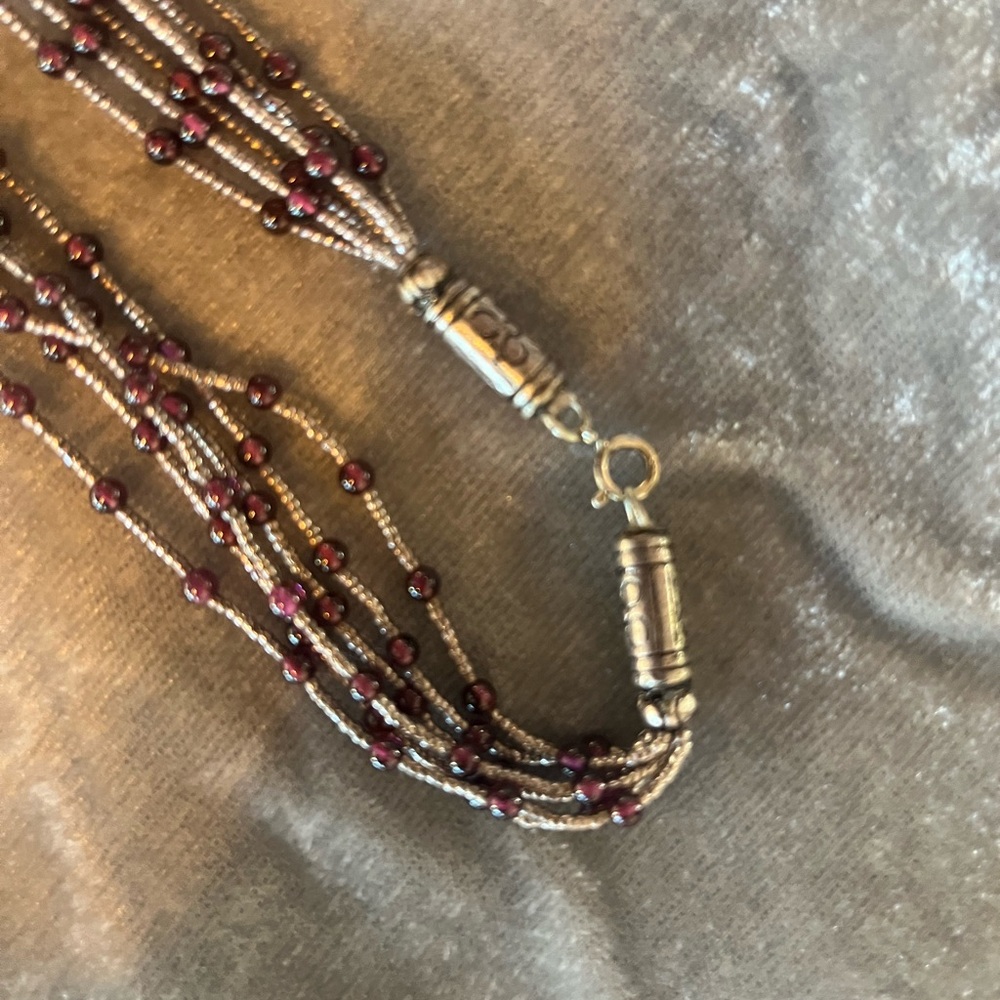 Multi Strand Beaded Necklace Silver Tone Deep Plum Long Statement - Picture 7 of 7